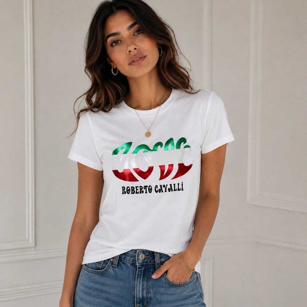 Roberto Cavalli Y2k White Metallic Logo Graphic T-Shirt Italy Flag Womens S NWOT